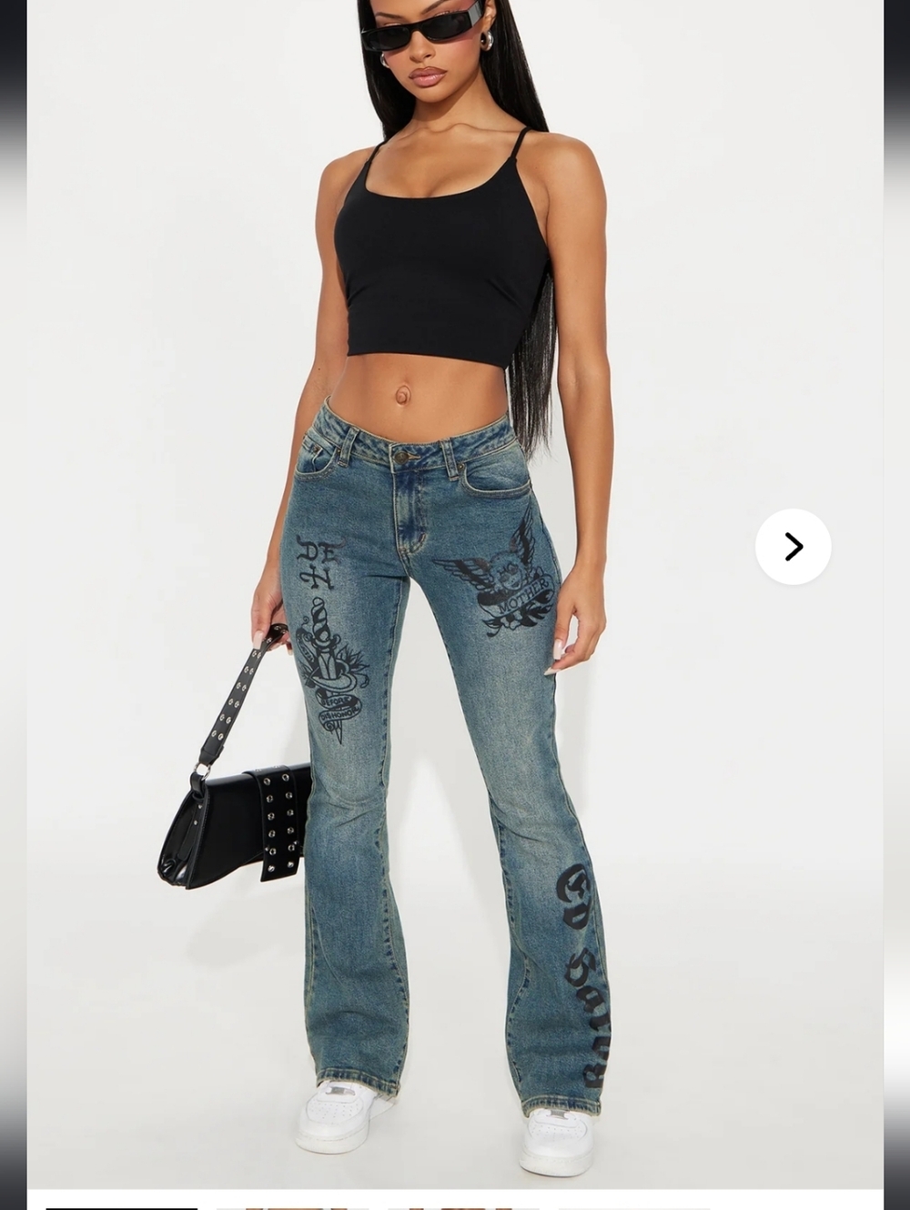 Ed Hardy Blue Denim Flare Jeans with Black Graphic Prints